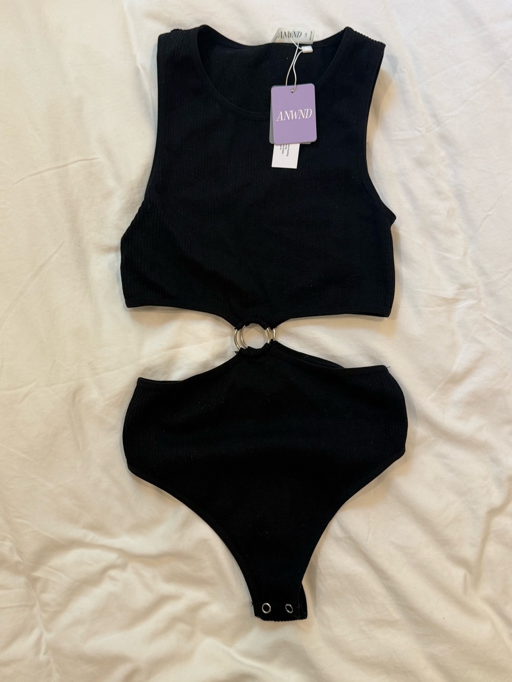 Black Ribbed Ring-Cut Bodysuit